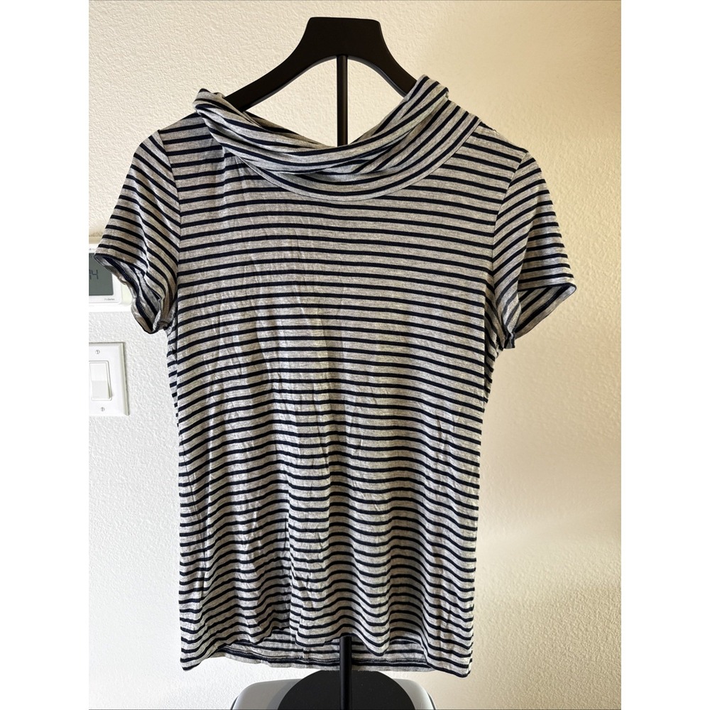 Ann Taylor Navy Blue & Gray Striped Knit Short Sleeve Cowl‎ Neck Top Medium